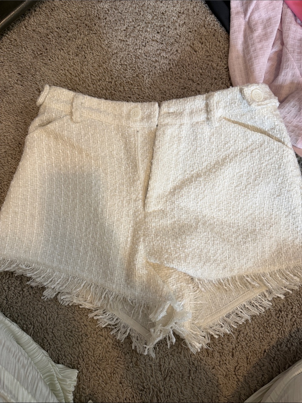 Forever 21 Ivory Textured Fringe Hem High-Waist Shorts